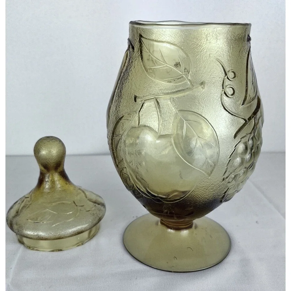 Vintage Mid Century Modern Amber Italian Empoli Fruit Motif Apothecary Jar W/Lid